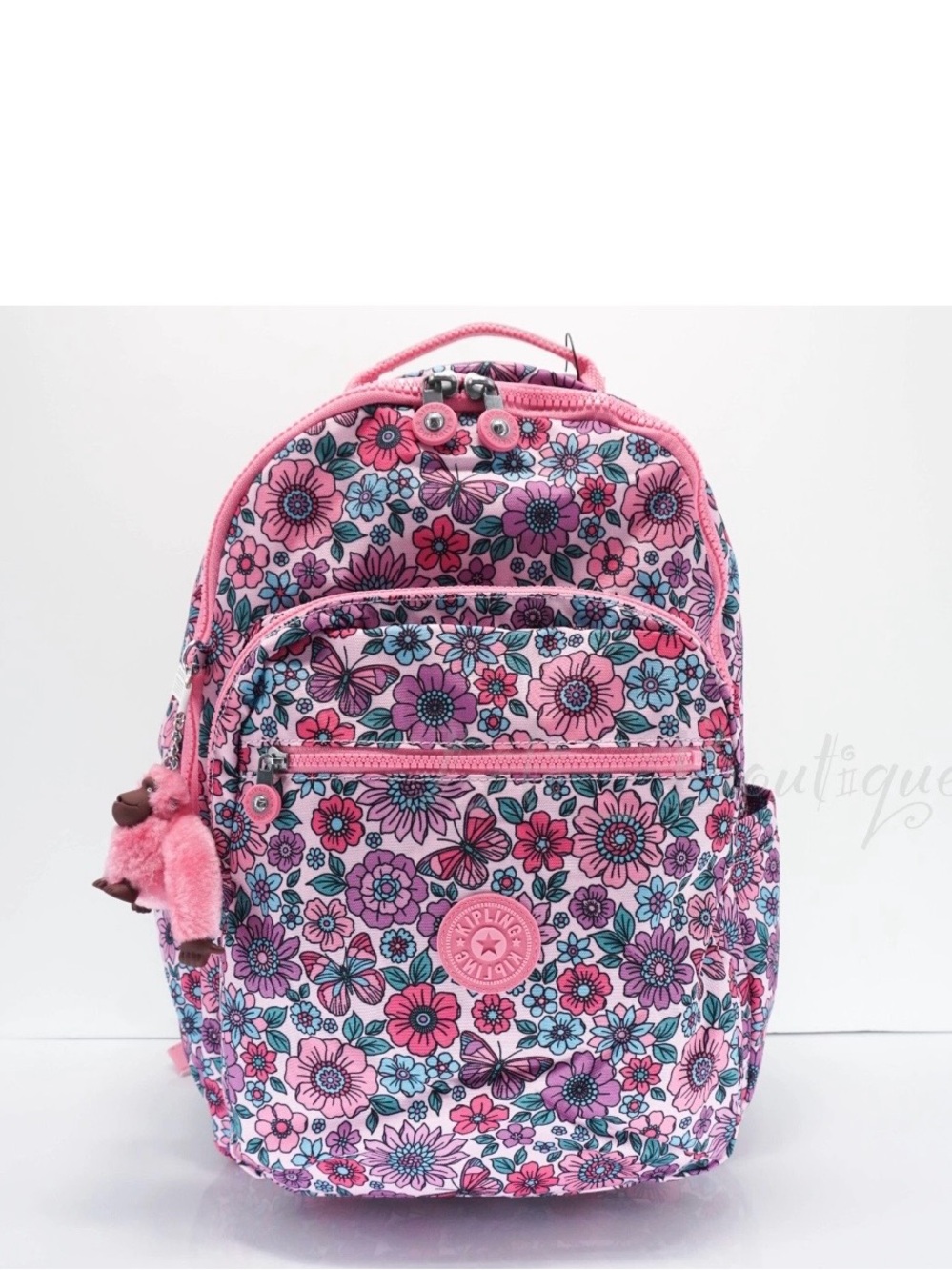 Kipling Seoul laptop Backpack with Plush Monkey Charm, color sweet charm.